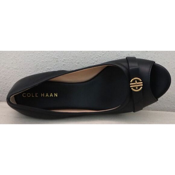 Cole Haan W31648 Women's Sz 5.5B Black Leather Malta Peep Toe Wedges - Picture 6 of 11